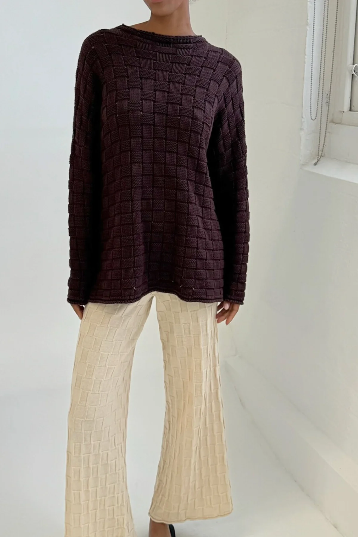 Basketweave Knit Jumper - Deep Brown - Image 4