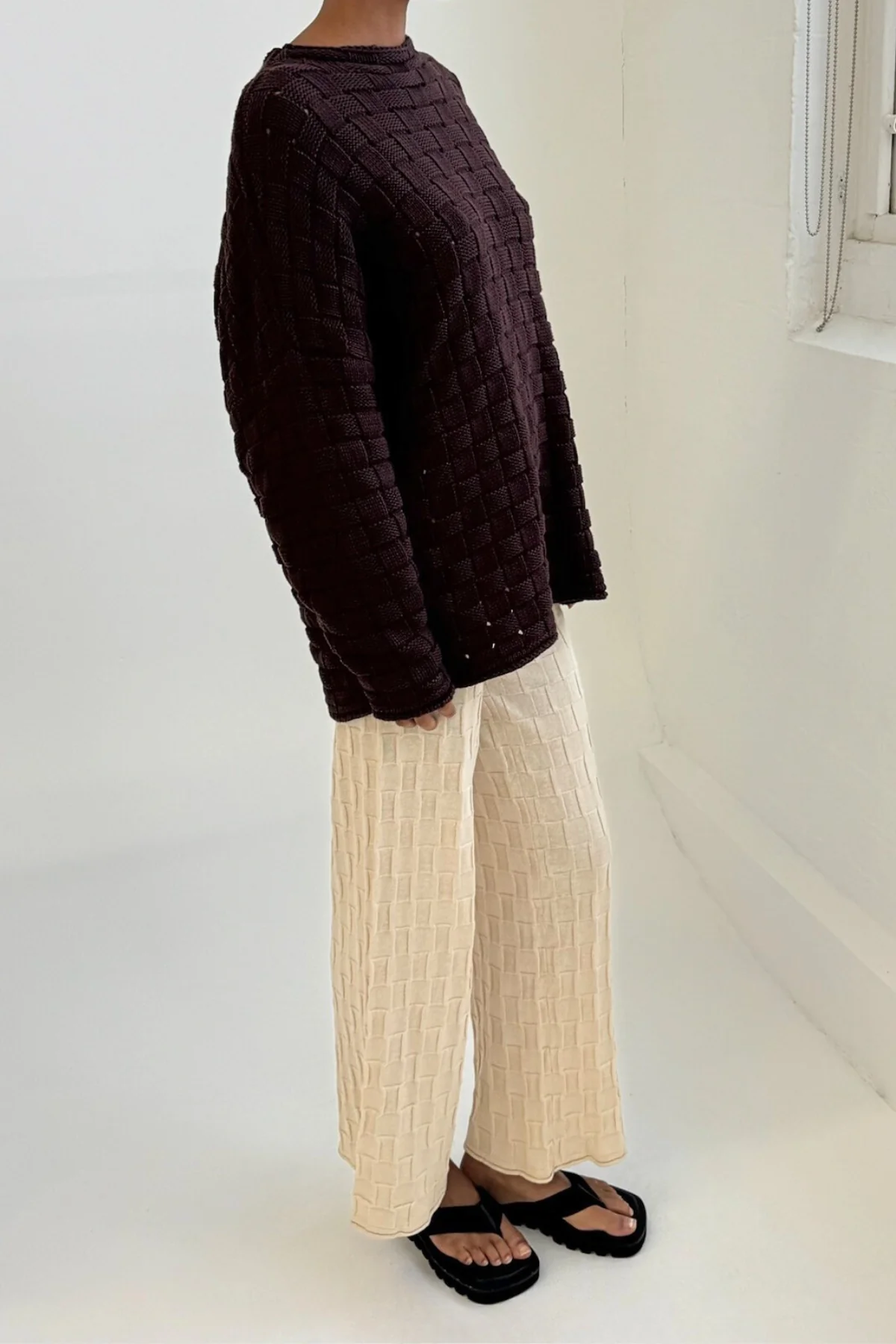 Basketweave Knit Jumper - Deep Brown - Image 6