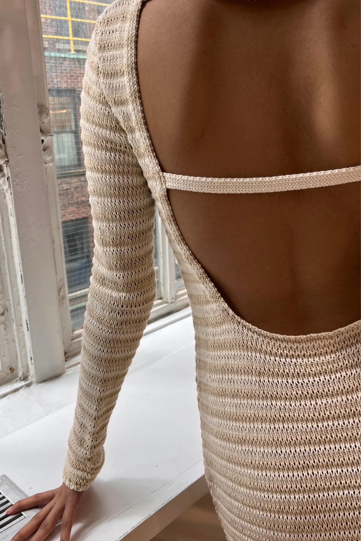 Cotton Lattice Knit Mini Dress - Natural Stripe - Image 4