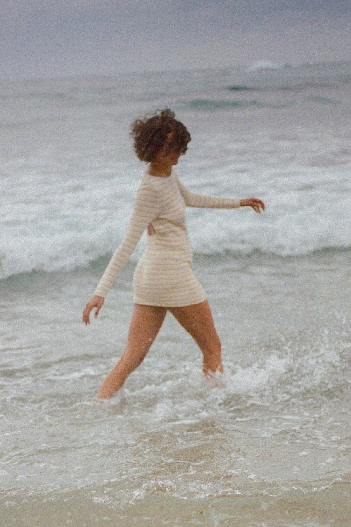 Cotton Lattice Knit Mini Dress - Natural Stripe - Image 5