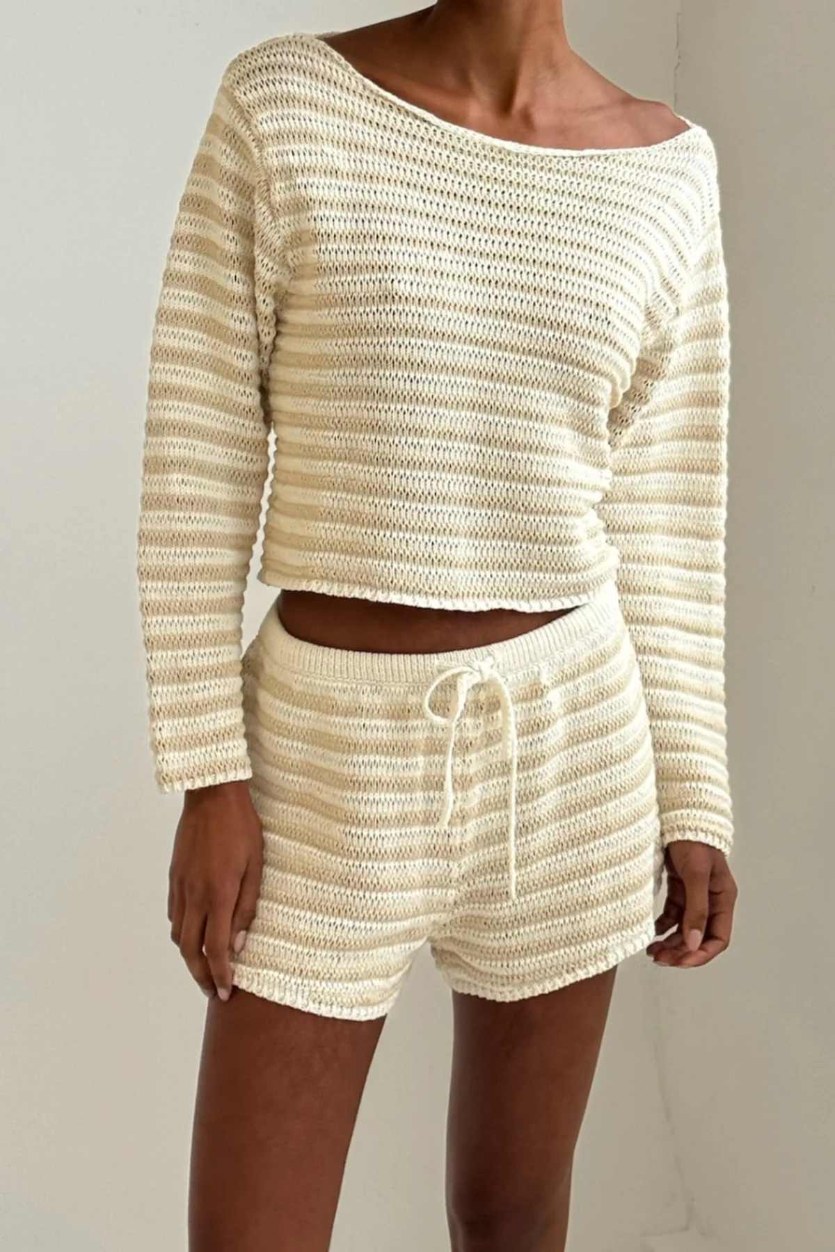 Cotton Lattice Knit Top - Natural Stripe - Image 2