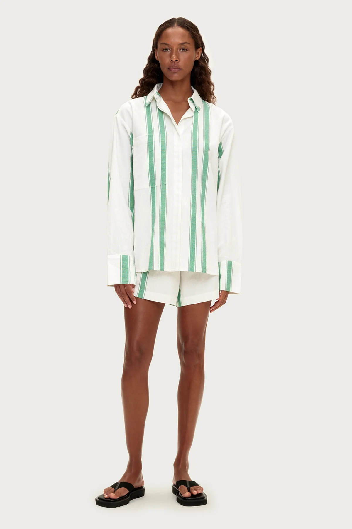 Cotton Linen Shirt - Green Stripe - Image 2