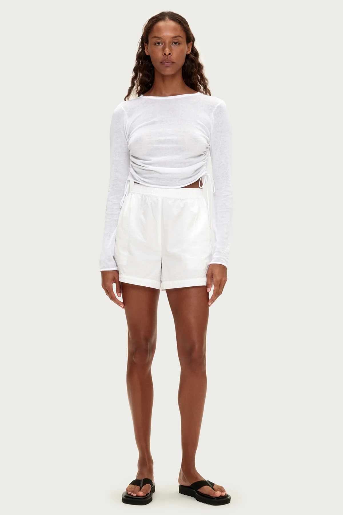 Gathered Knit Long Sleeve Top - White - Image 2