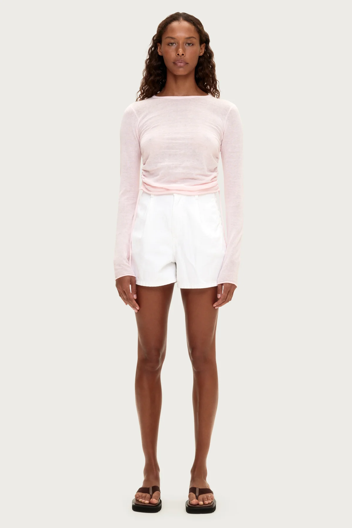 Gathered Long Sleeve Knit Top - Soft Pink