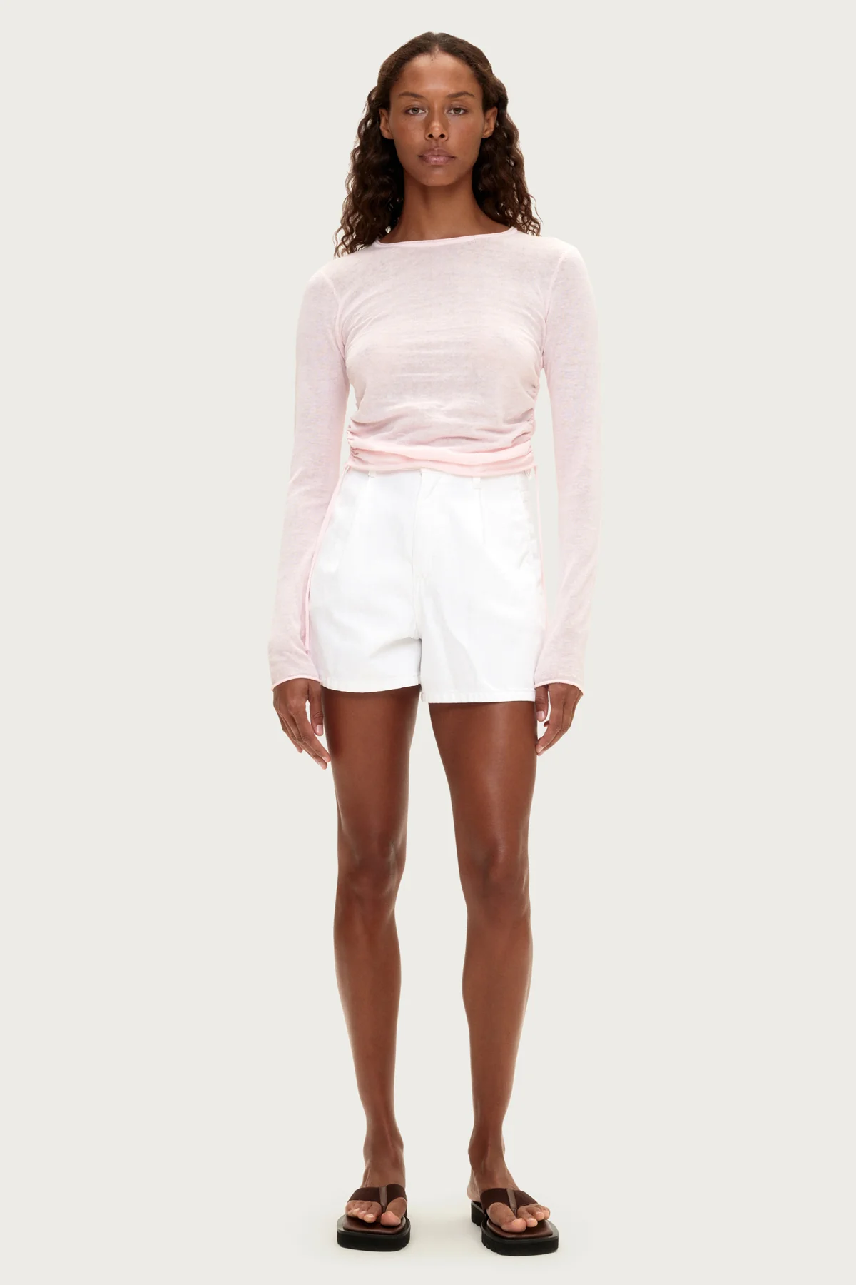 Gathered Long Sleeve Knit Top - Soft Pink - Image 2