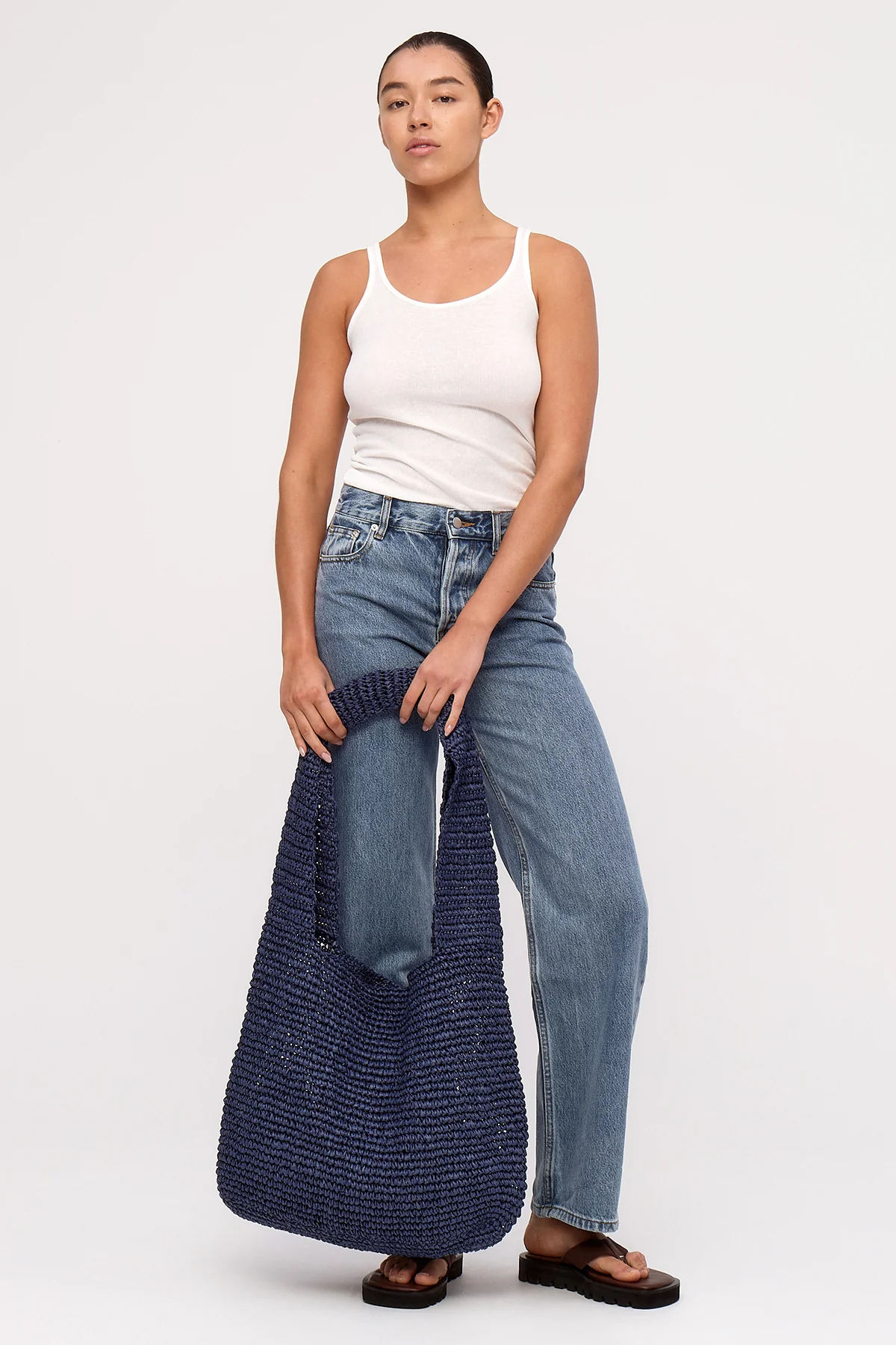 Large Straw Tote Bag - Navy - Image 4