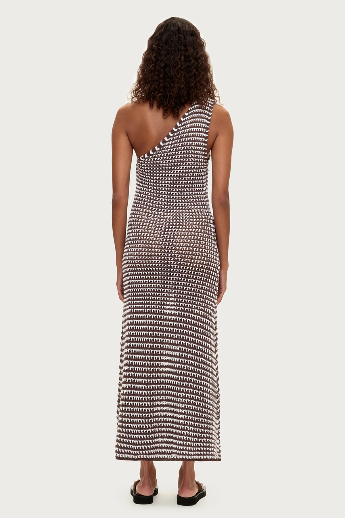 Lattice Knit One Shoulder Dress - Brown Stripe - Image 3