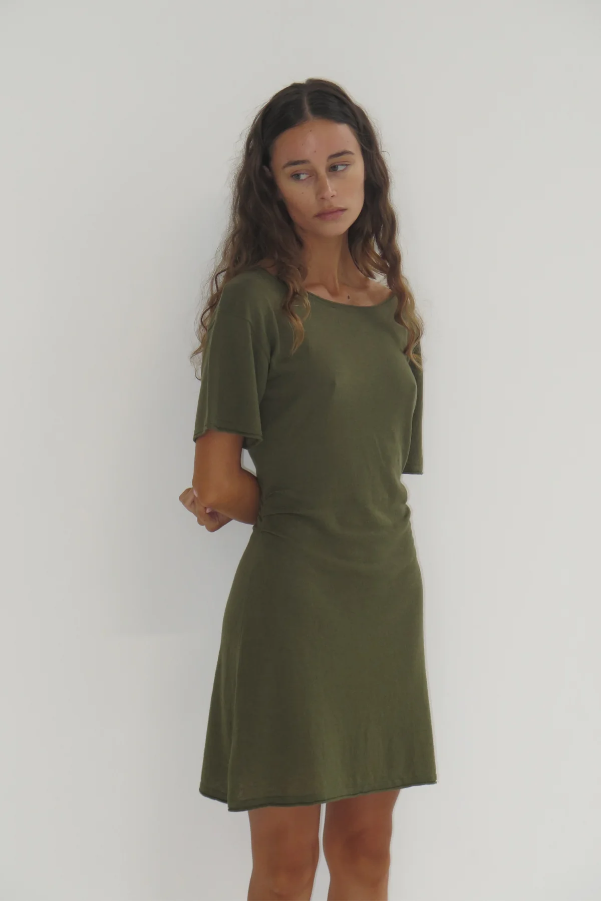 Linen Cotton Mini Dress - Khaki - Image 6