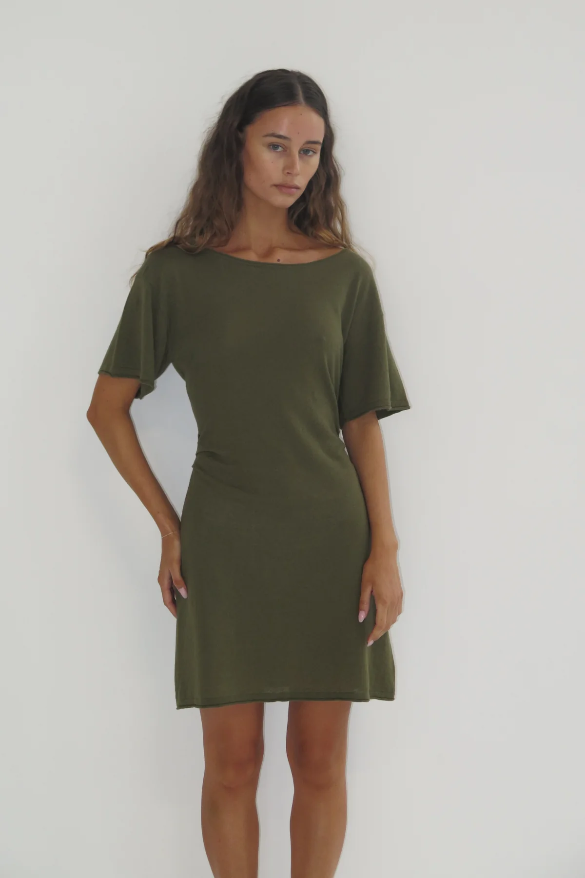 Linen Cotton Mini Dress - Khaki - Image 8