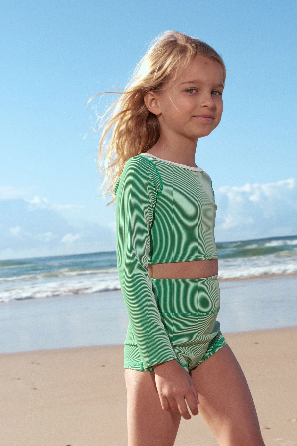 Mini Stripe Rib Crop Rashie - Parrot Green - Image 3