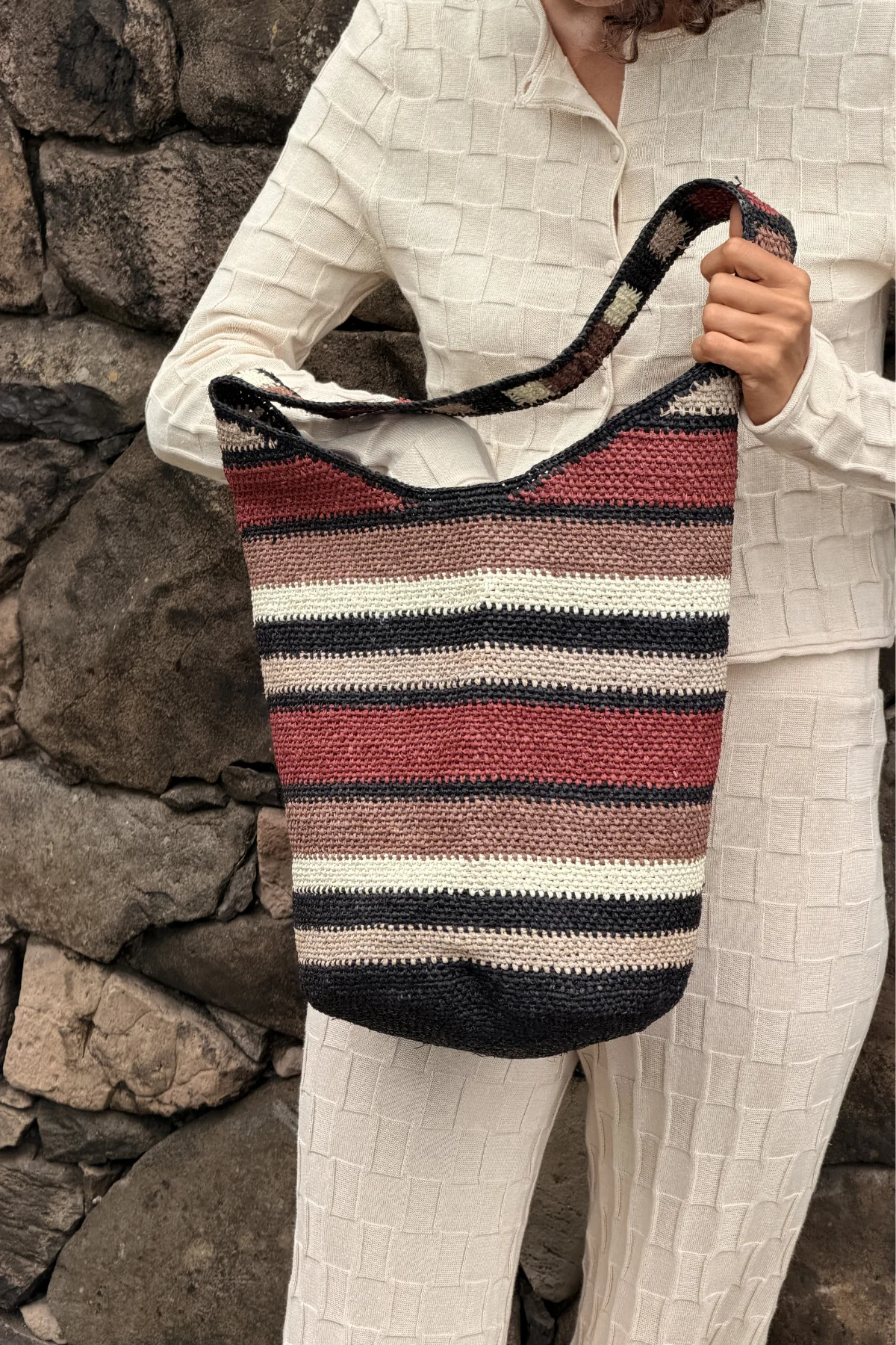 Raffia Bucket Bag - Earth Stripe - Image 3