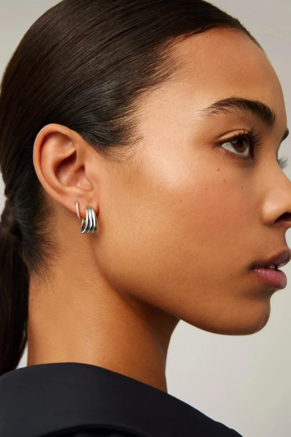 Savi Triple Ridge Hoop Earrings - Silver - Image 3