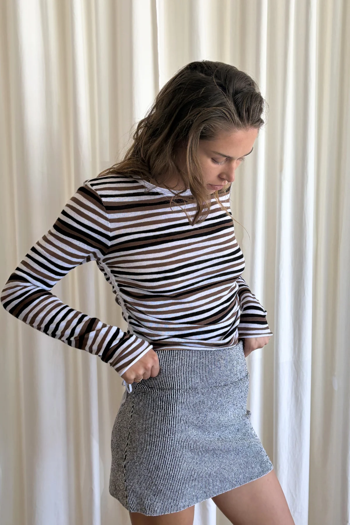 Textured Knit Mini Skirt - Black Pinstripe - Image 4